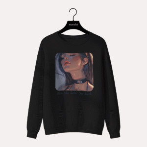 Black sweatshirt with bold emotional artwork print on the front, Manulei chapter series