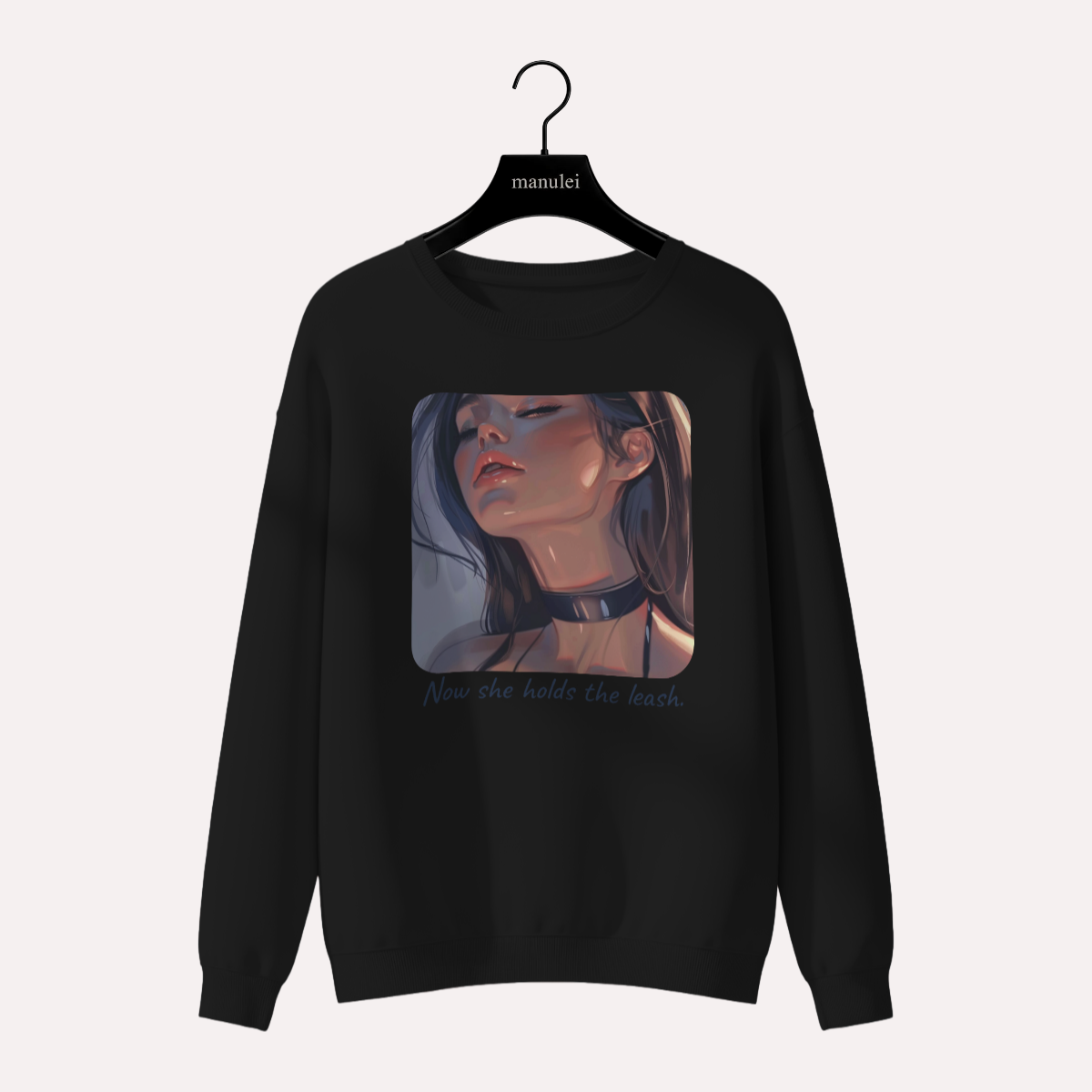Black sweatshirt with bold emotional artwork print on the front, Manulei chapter series