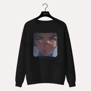 Black sweatshirt with dramatic artistic portrait print, Manulei storytelling fashion