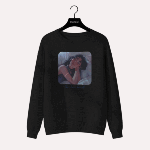 Black sweatshirt with expressive female illustration print, Manulei emotional storytelling sweatshirt