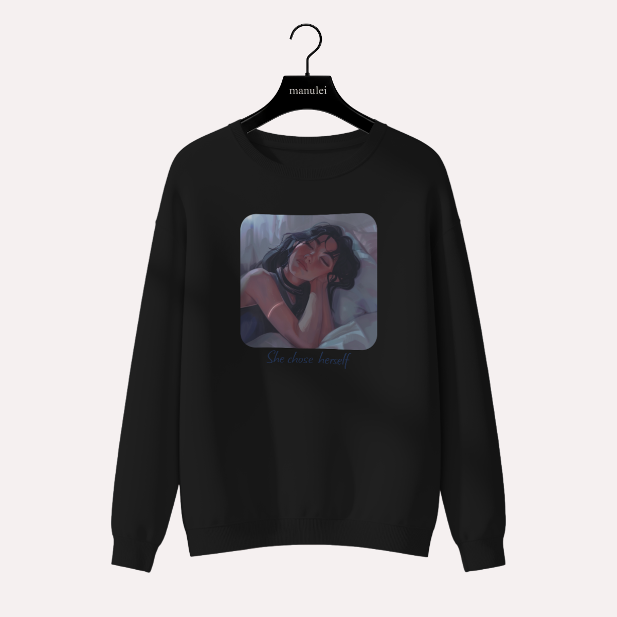 Black sweatshirt with expressive female illustration print, Manulei emotional storytelling sweatshirt