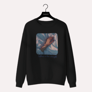 Black sweatshirt with soft illustrated artwork on the chest, emotional storytelling design by Manulei