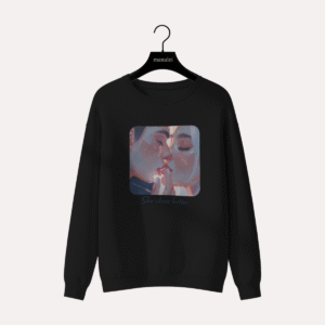 Black sweatshirt with artistic female portrait print on the front, Manulei storytelling collection